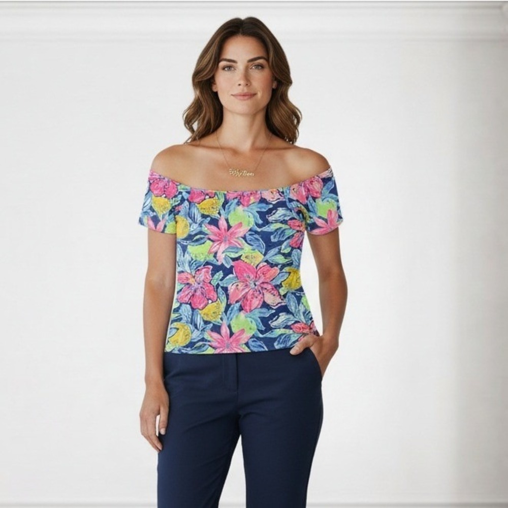 Lilly Pulitzer Floral Citrus Off The Shoulder Top Navy Pink XXS